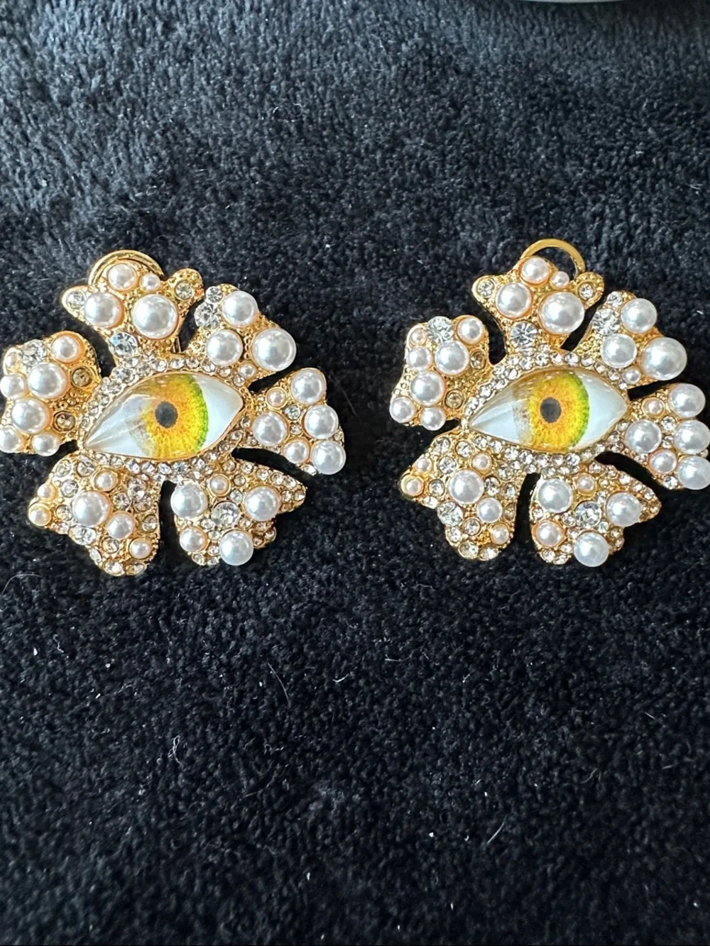 Gold Pearl & Yellow-Green Eye Crystal Statement Earrings - Women's Jewelry